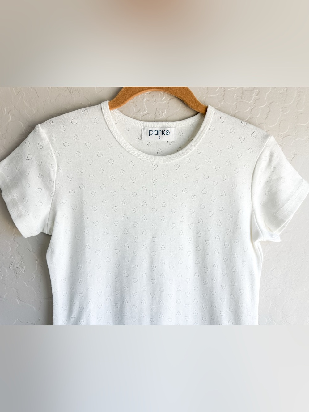 Parke White Short-Sleeve Heart Pointelle Knit Tee Women’s - Size Small - Picture 6 of 9